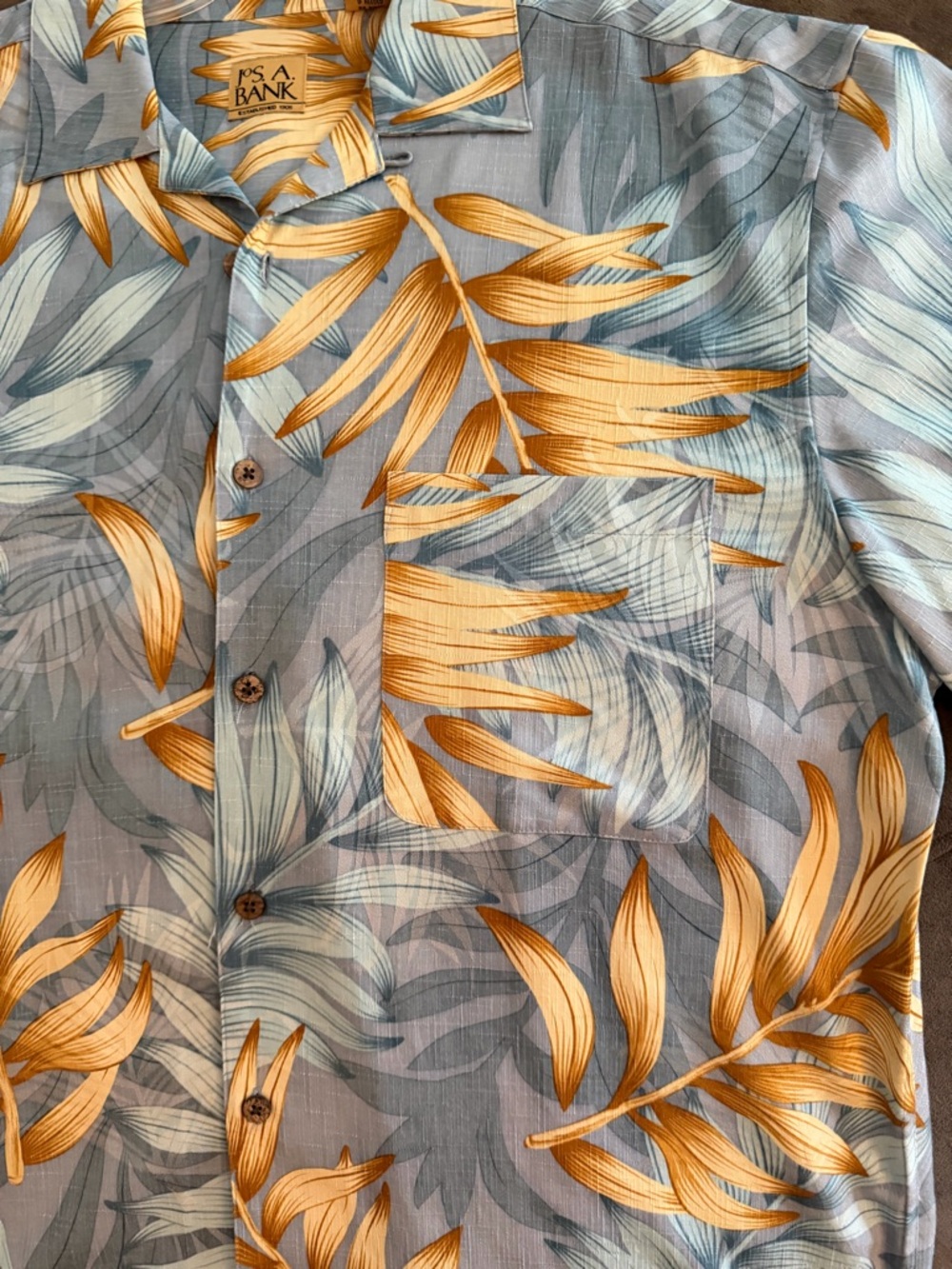 Jos. A. Bank 100% silk Shirt - Gray & Yellow Leaf Print Tropic breathable cool - Picture 3 of 7